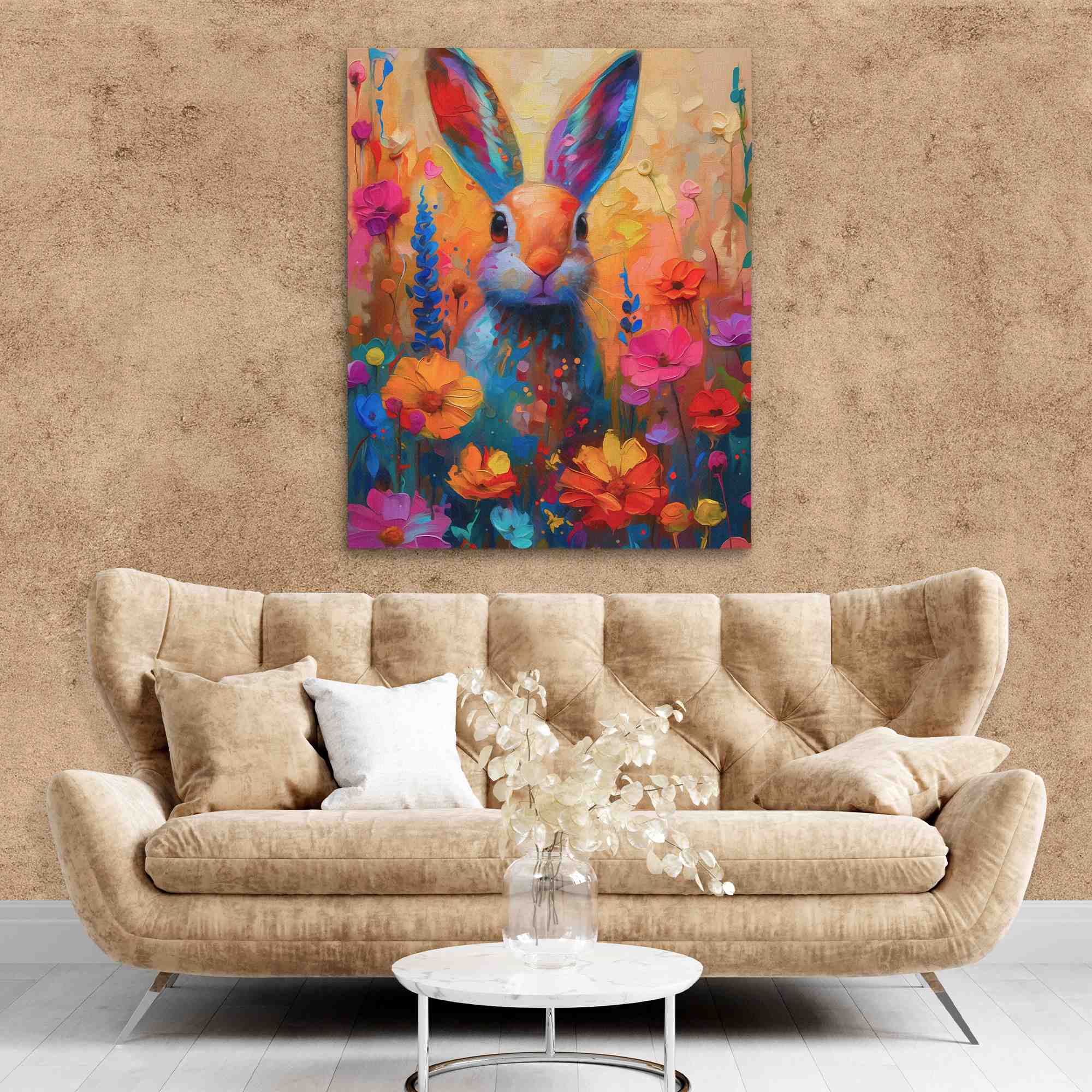 a painting of a rabbit in a field of flowers