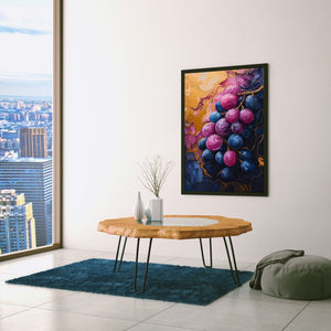 a living room with a table and a painting on the wall