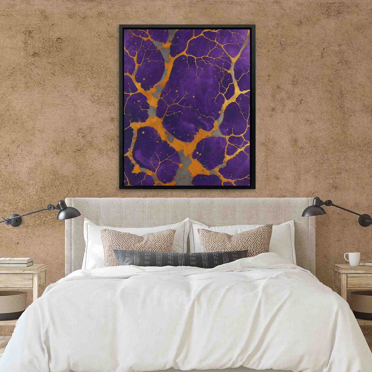 a bedroom with a bed and a painting on the wall