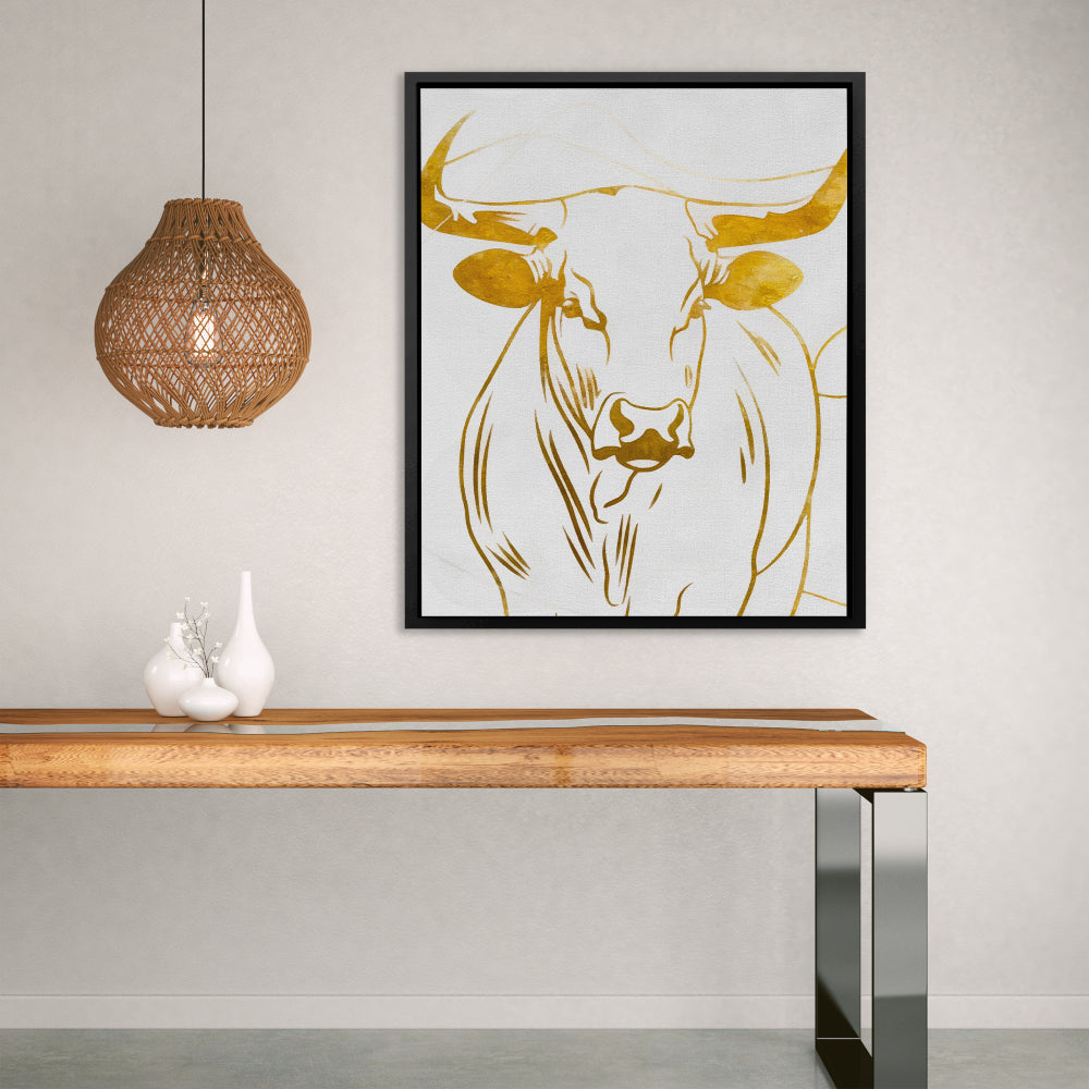 a painting of a bull with horns on a white background