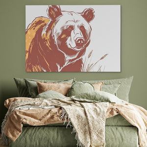 a bed with a painting of a bear on the wall above it