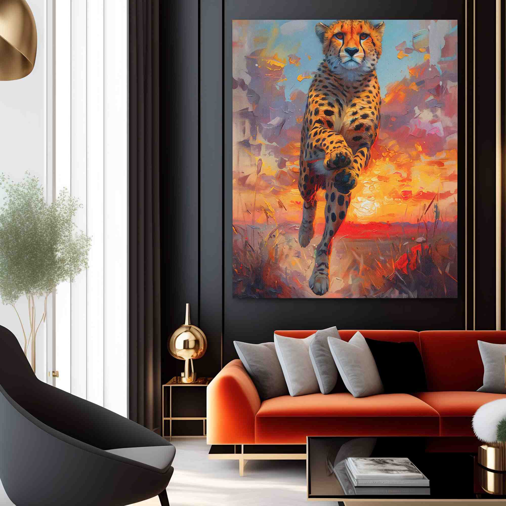 a painting of a cheetah running in the sunset