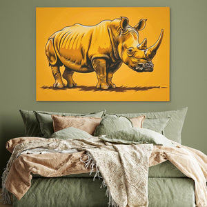 a picture of a rhinoceros on a wall above a bed