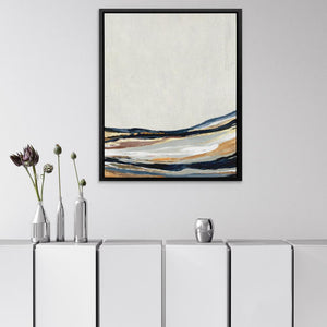 a painting hanging on a wall above a white cabinet