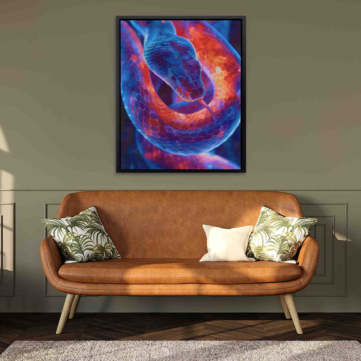 a living room with a couch and a painting on the wall