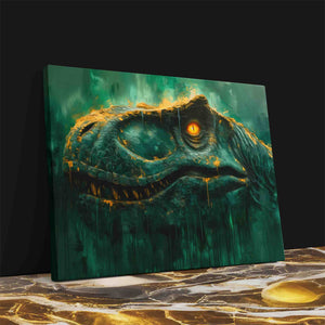 a painting of a dinosaur with a glowing eye