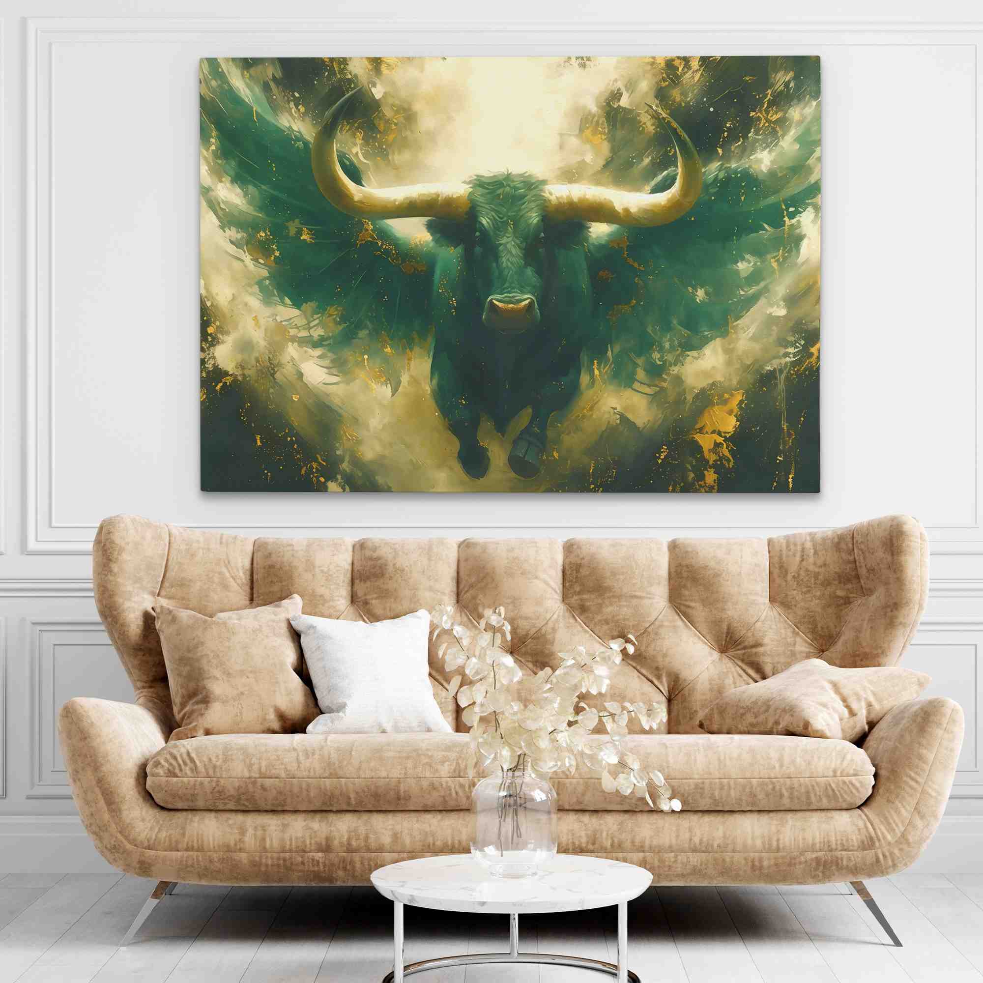 a painting of a bull with huge horns
