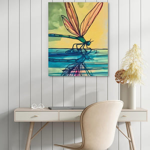 a painting of a dragonfly on a wall above a desk