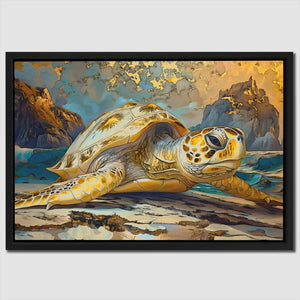 Golden Glow Turtle on a Beach Art Print - Luxury Wall Art 