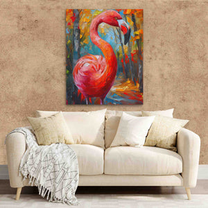 a painting of a flamingo in a living room