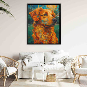 a painting of a golden retriever in a living room