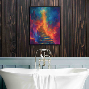 a bathroom with a bathtub and a painting on the wall