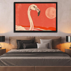 a flamingo painting on a wall above a bed