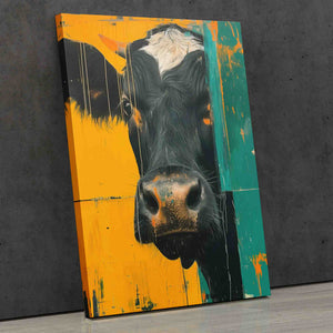 a painting of a black cow on a yellow and green background