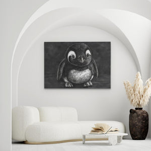 a black and white photo of an owl in a living room