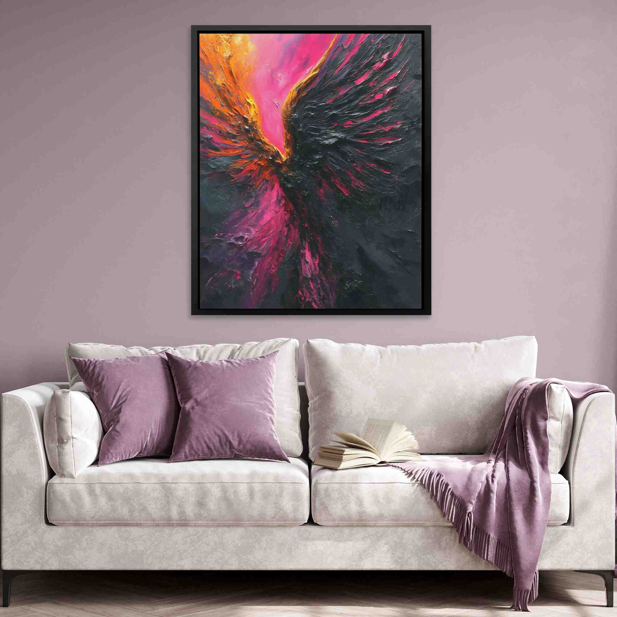 a living room with a couch and a painting on the wall