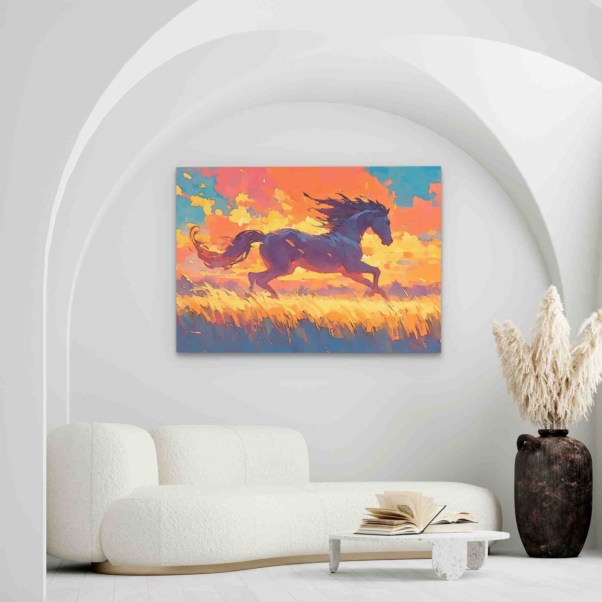 a painting of a horse running through a field