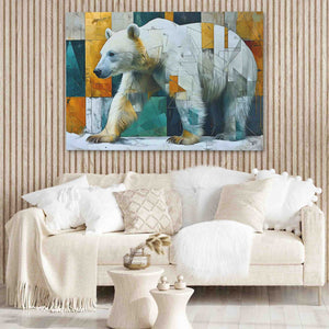 a painting of a polar bear on a wall above a couch