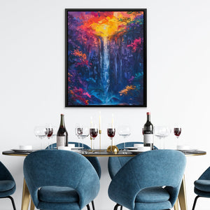 a painting of a waterfall is hanging above a dining room table