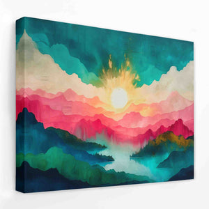 a painting of a sunset over a lake