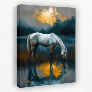 a painting of a white horse drinking water