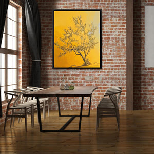 a room with a table and chairs and a painting on the wall