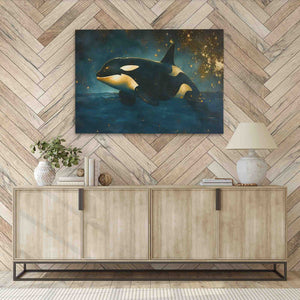 a painting of an orca in a room