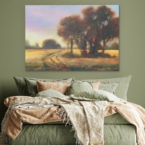 a bedroom with a large painting on the wall