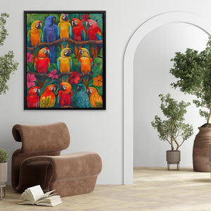 a painting of a group of colorful parrots on a tree branch