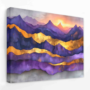 a painting of a mountain range with a sunset in the background