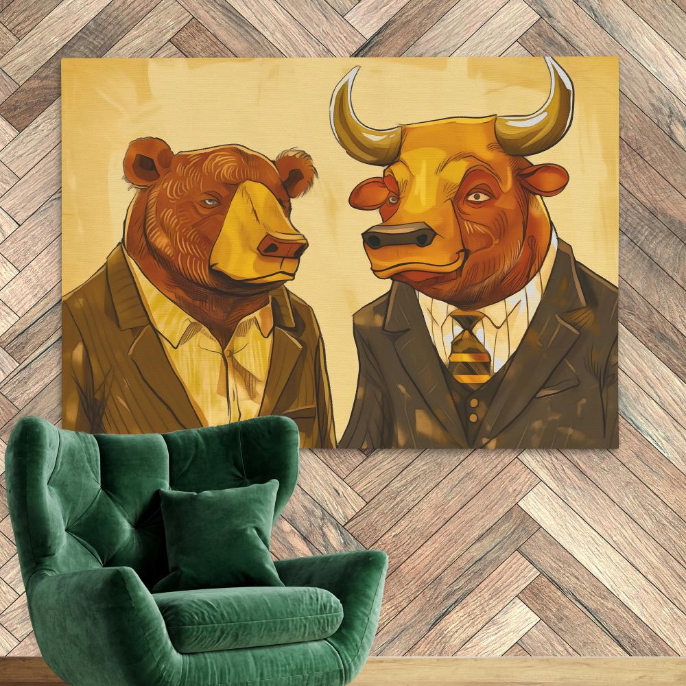 a painting of two bears dressed in suits