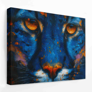 a painting of a blue cat with orange eyes