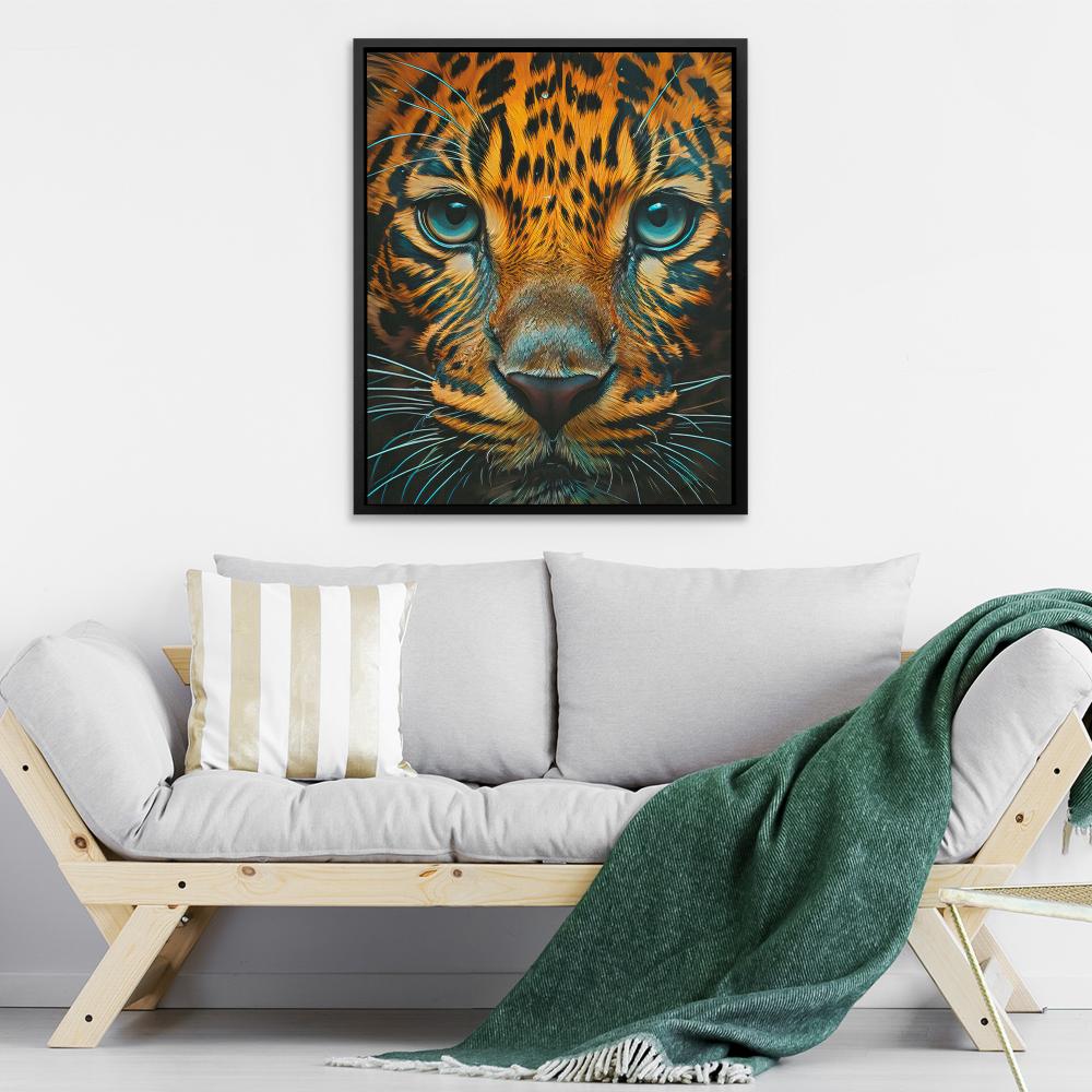 a painting of a tiger's face with blue eyes