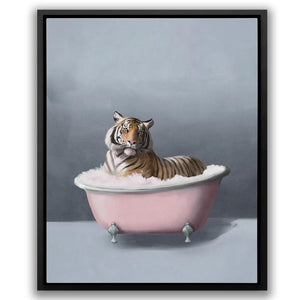 a painting of a tiger sitting in a bathtub