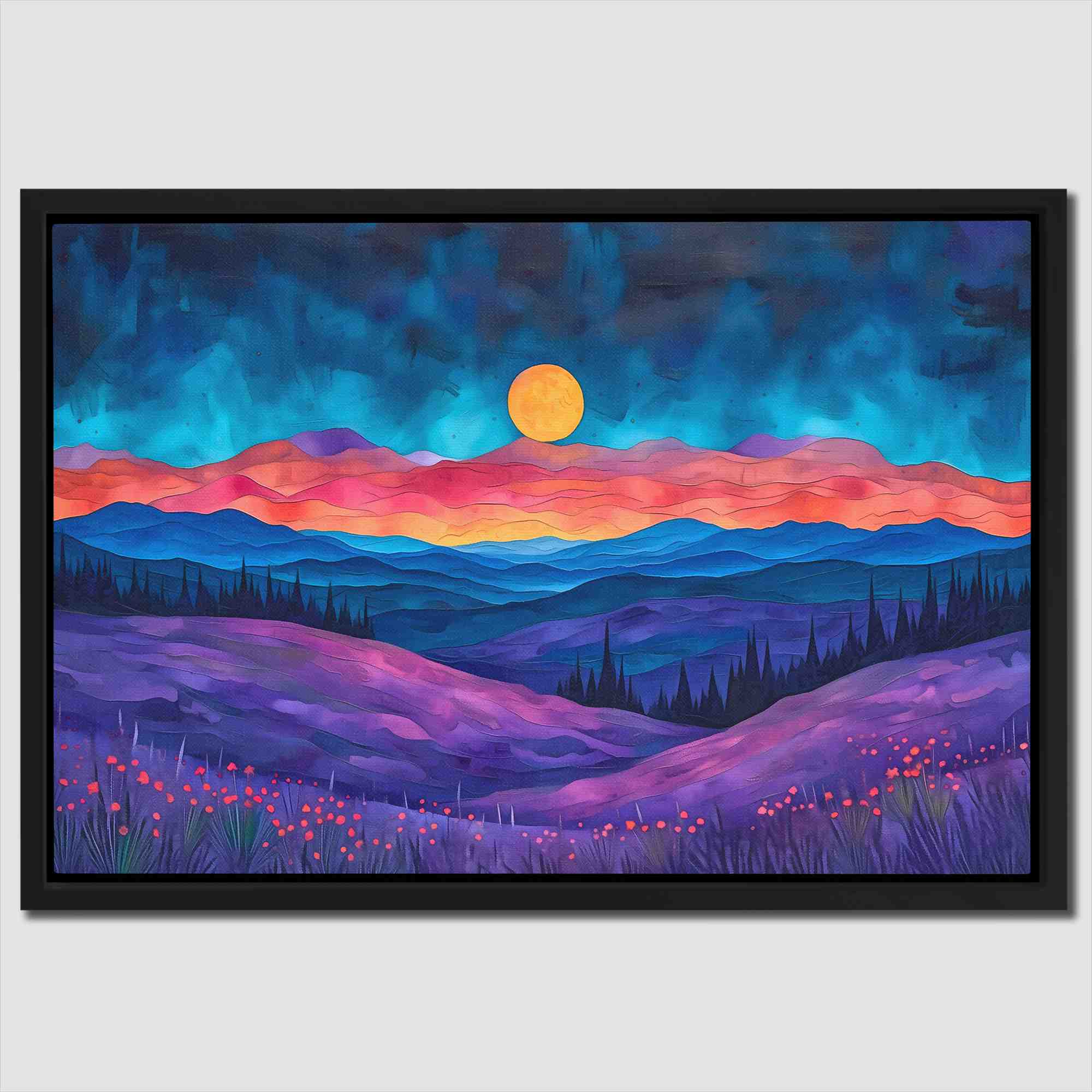 a painting of a sunset over a field of flowers