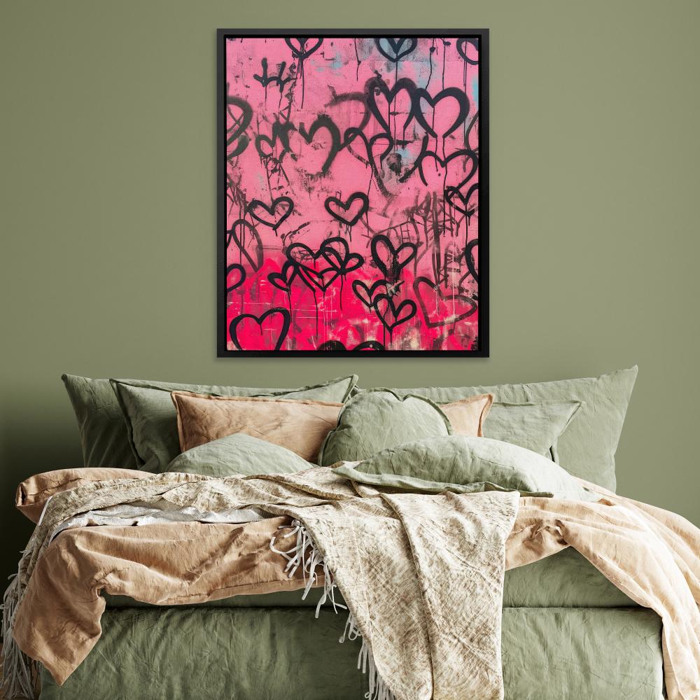 a pink and black painting with hearts on it