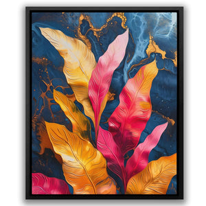 a painting of colorful leaves on a blue background