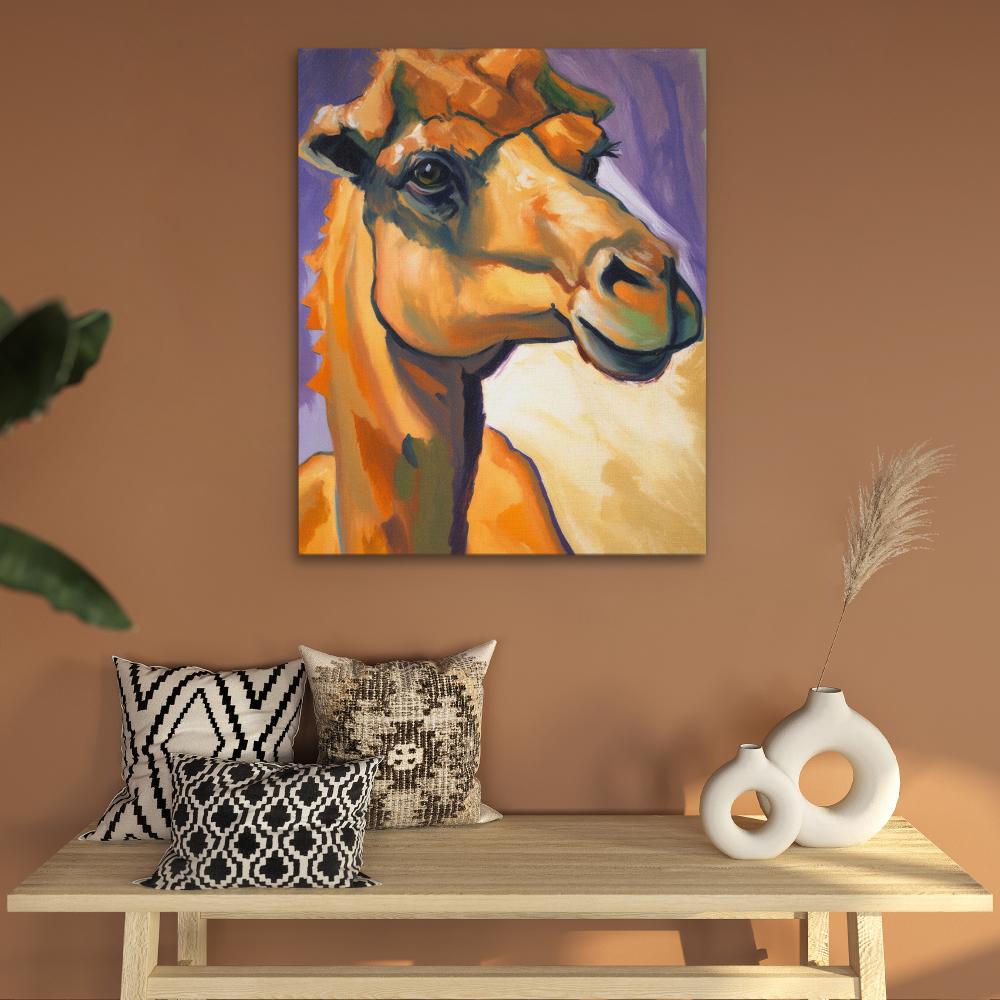 a painting of a camel on a purple background