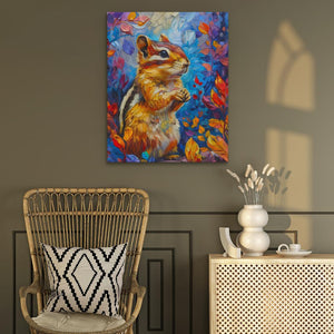 a painting of a squirrel on a wall next to a chair