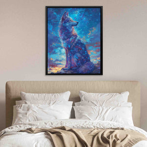 a painting of a wolf sitting on top of a bed