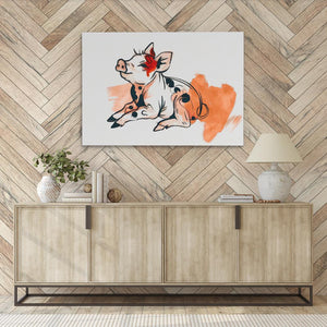 a picture of a pig on a wall above a sideboard