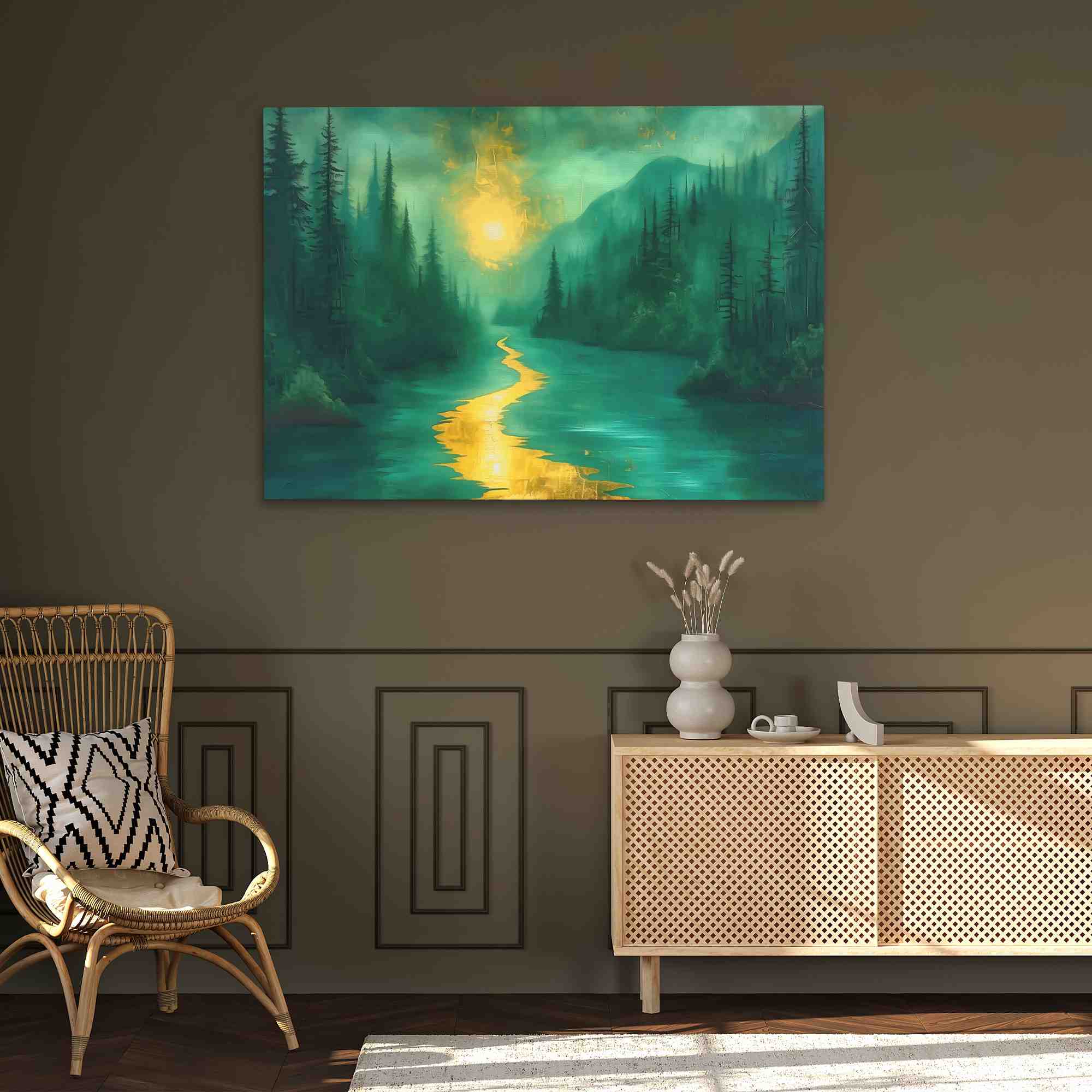 a painting of a river in the middle of a forest