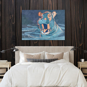 a bedroom with a bed and a painting on the wall