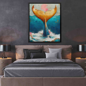 a painting of a whale tail in a bedroom