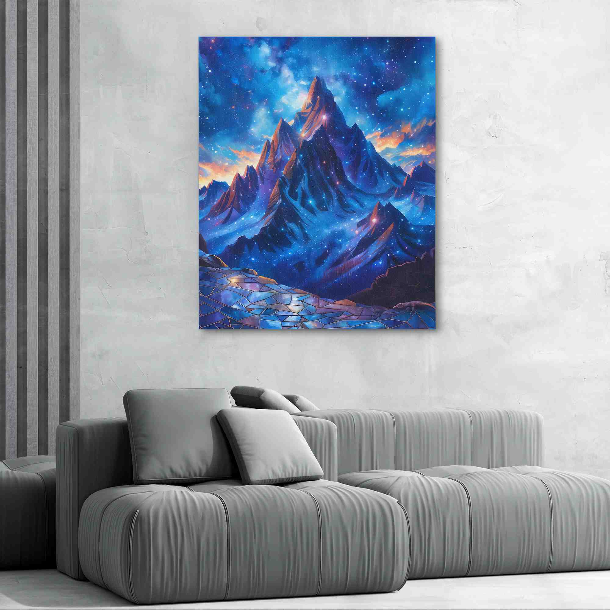 a painting of a mountain with stars in the sky