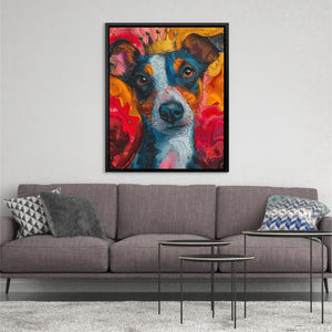 a painting of a dog on a wall above a couch