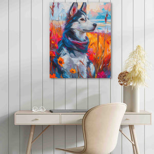 a painting of a husky dog on a wall