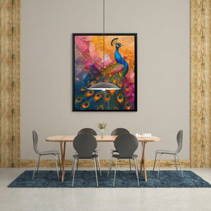 a painting of a peacock on a wall above a table