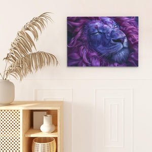 a picture of a purple lion on a white wall