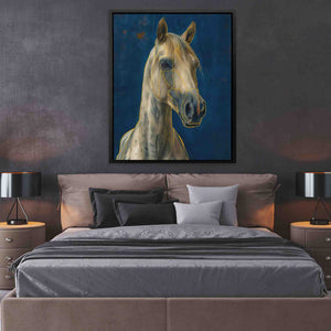 a painting of a horse on a wall above a bed